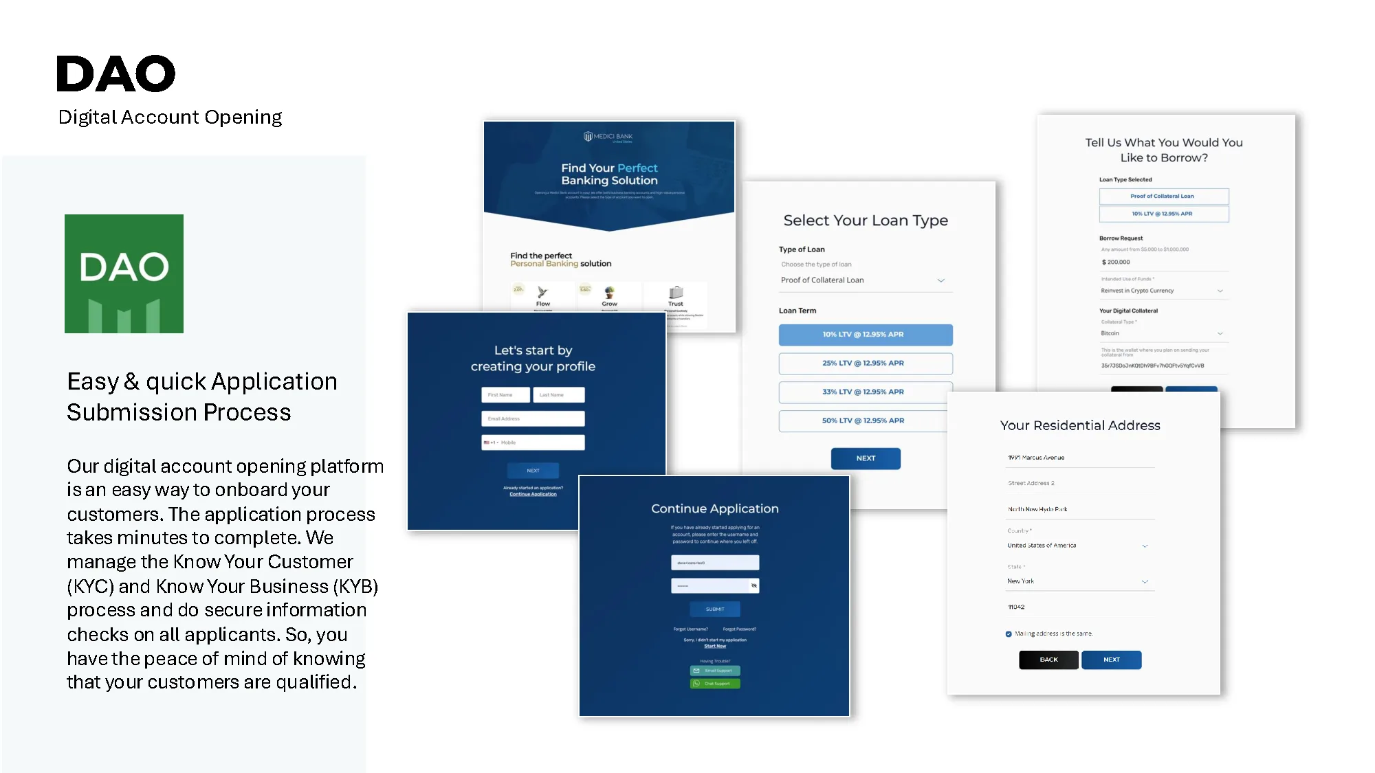 DAO Digital Account Opening interface screenshots