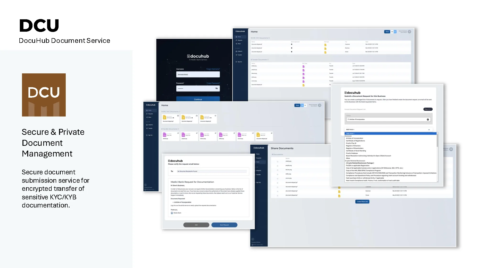 DCU DocuHub document management service interface screenshots